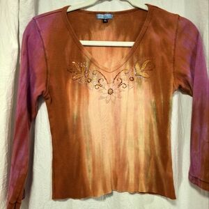 Y2K tie dye blouse, women's Medium, with crystal appliques